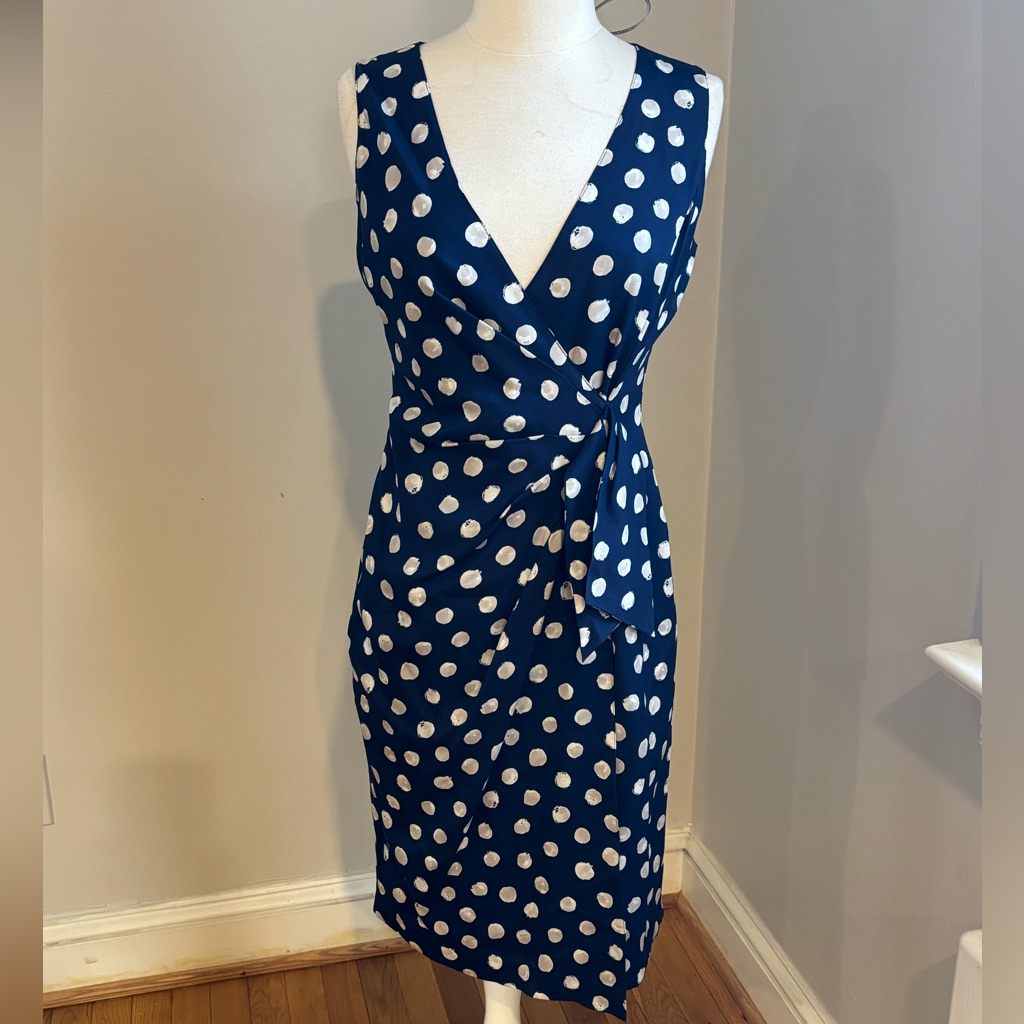 St. John Navy Blue Polka Dot Silk Blend Midi Dress 2 $795